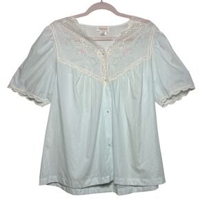 Barbizon Light Blue Lace Trim Embroidered Short Sleeve Bed Jacket Medium